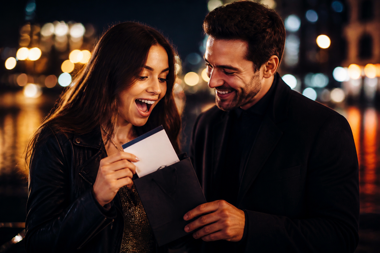 Two people enjoying a birthday experience outing with city lights in the background