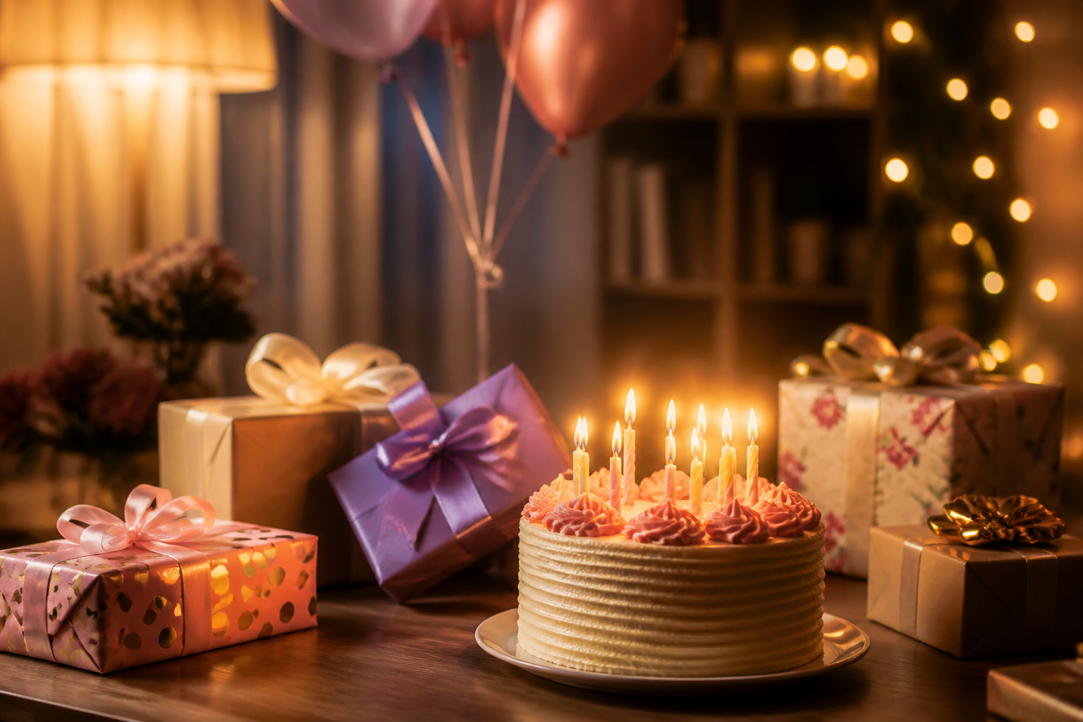 Birthday table with cake, candles, and thoughtfully wrapped personal gifts