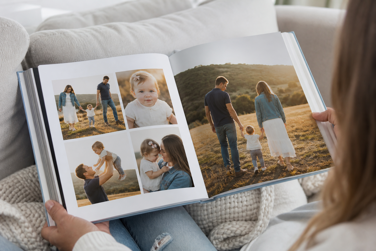 Open photo book with family memories on a couch, heartfelt birthday gift