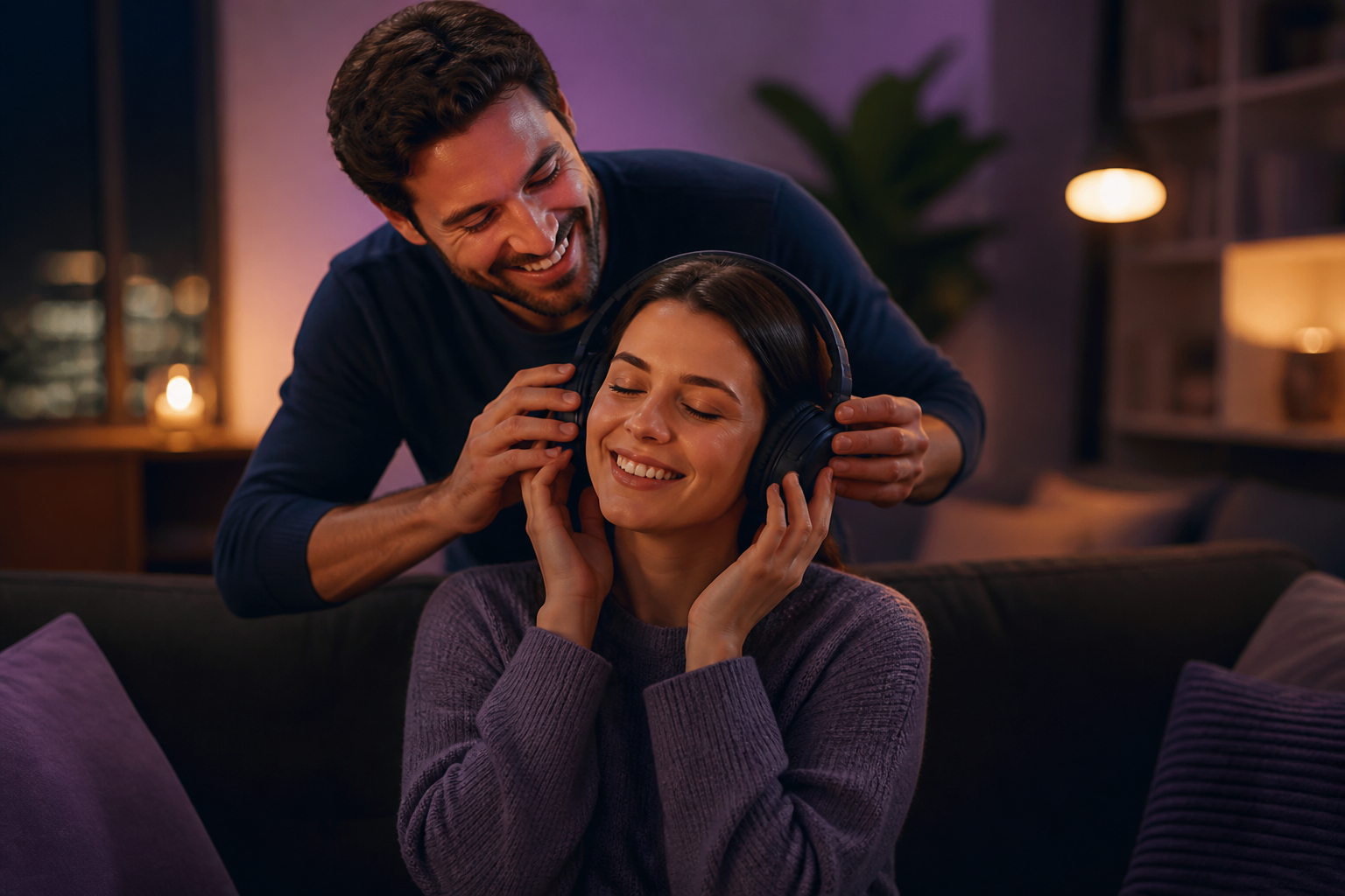 Couple sharing a custom song gift with headphones in a cozy room