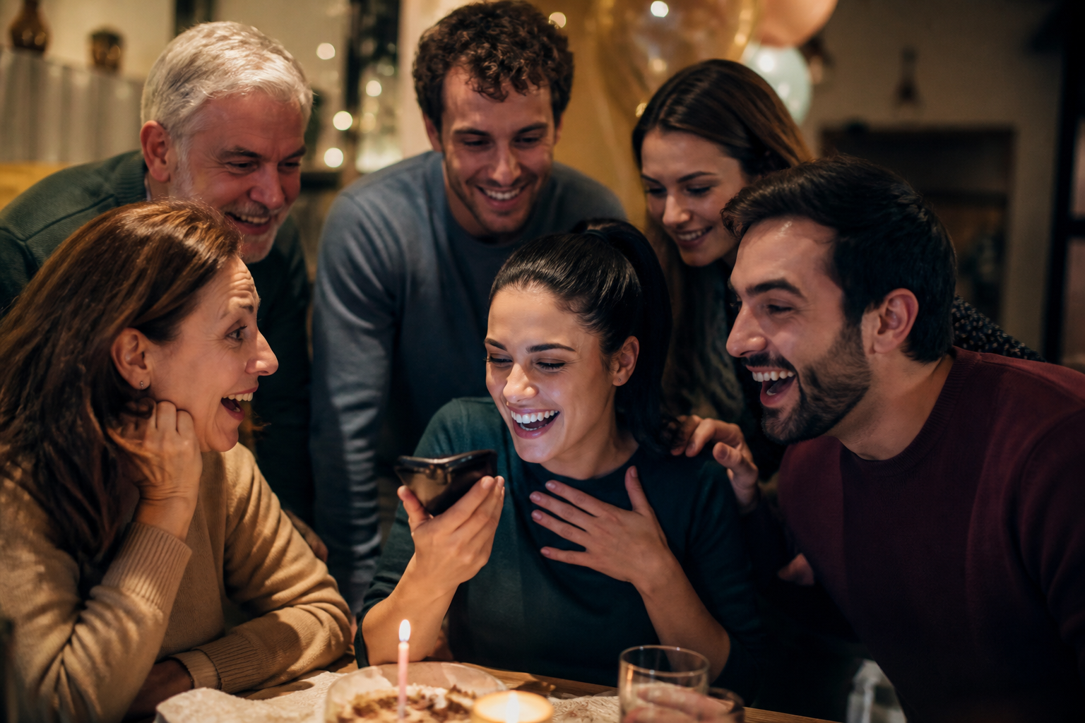 Family reacting joyfully while listening to a finished custom song at a celebration